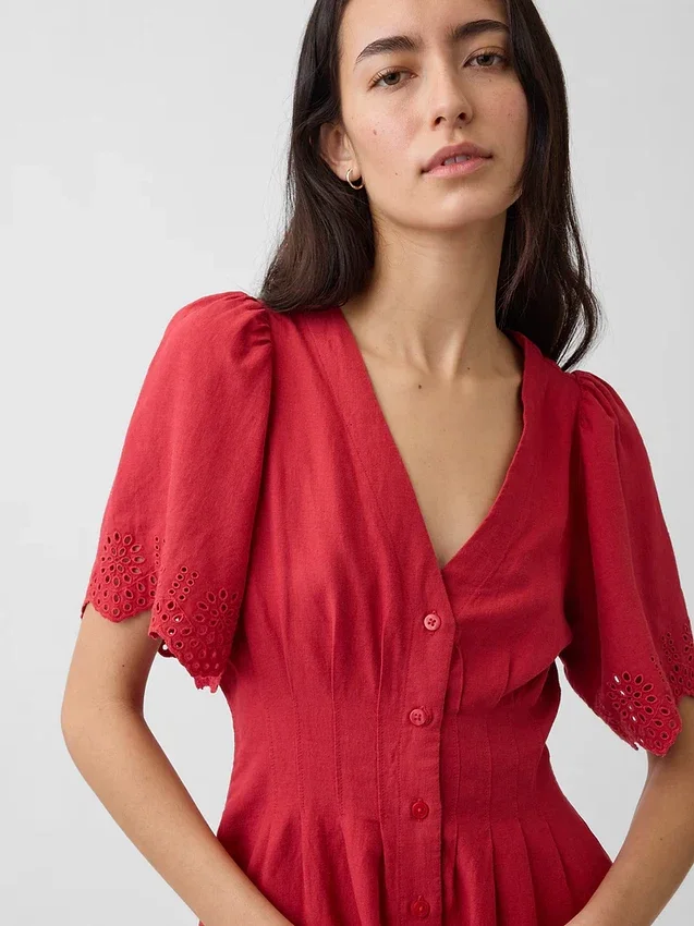 Vestidito tipo camisa mini ajustado en la cintura de mezcla de lino