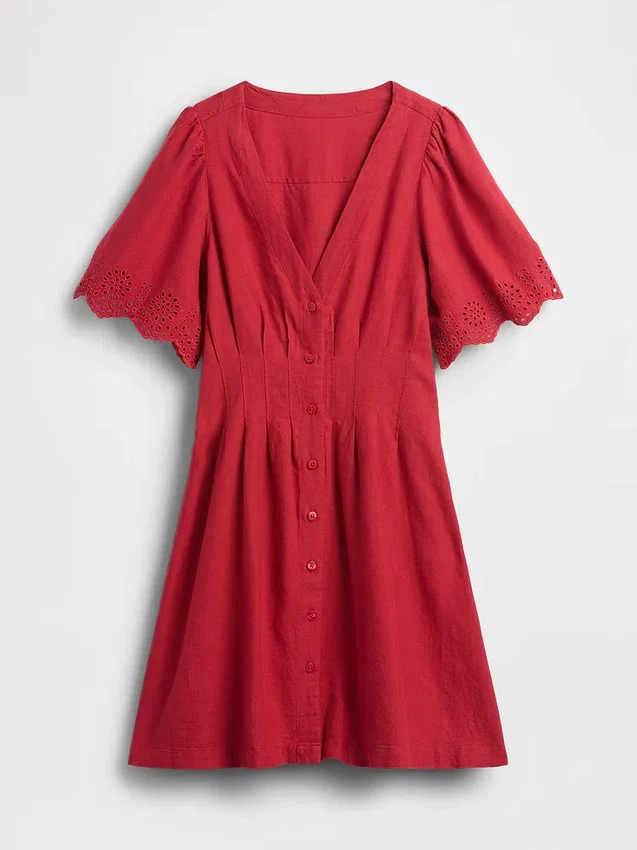 Vestidito tipo camisa mini ajustado en la cintura de mezcla de lino