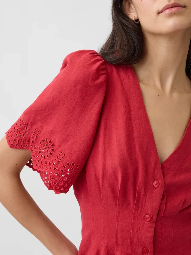 Vestidito tipo camisa mini ajustado en la cintura de mezcla de lino