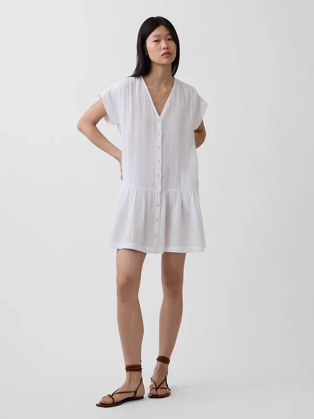 Vestido camisero de gasa de algodón con cintura baja