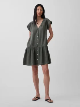 Vestido camisero de gasa de algodón con cintura baja