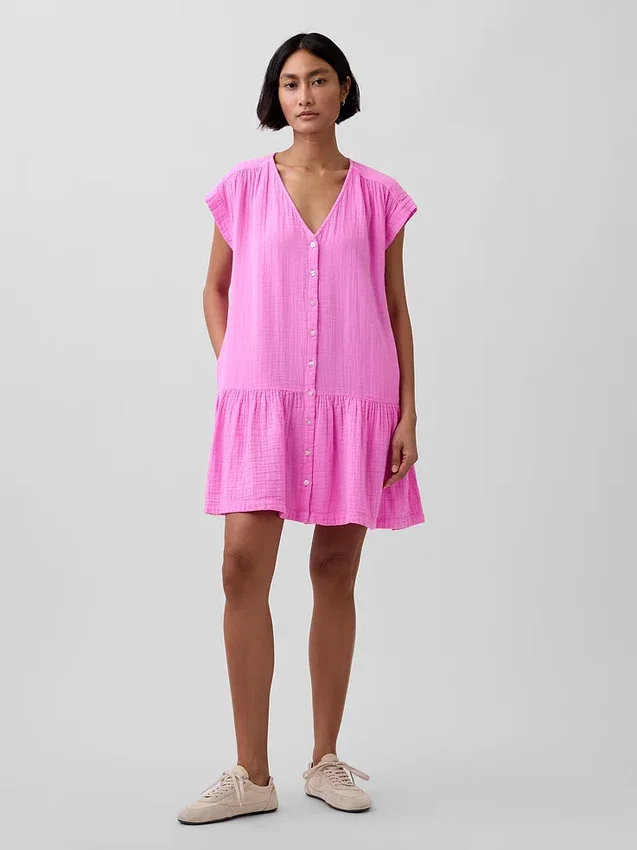Vestido camisero de gasa de algodón con cintura baja