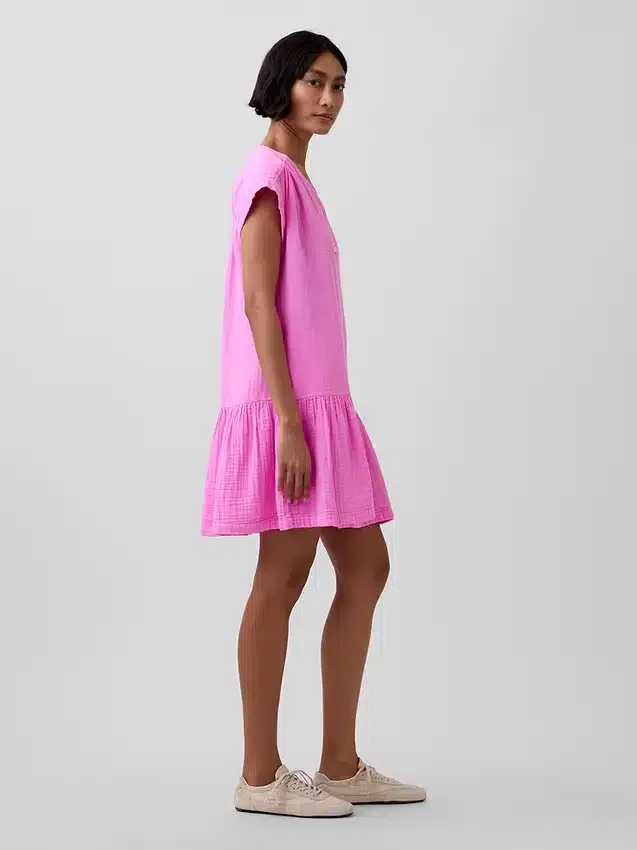 Vestido camisero de gasa de algodón con cintura baja