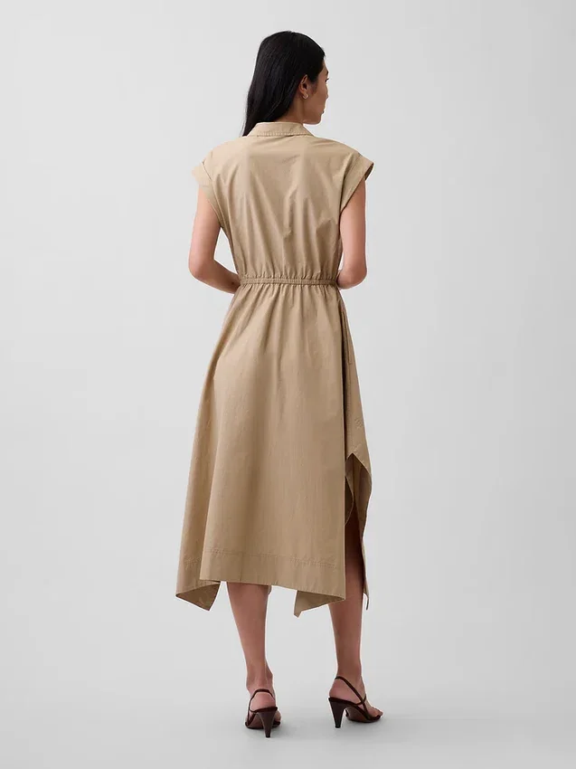 Vestido camisero de popelín con bajo en forma de pañuelo