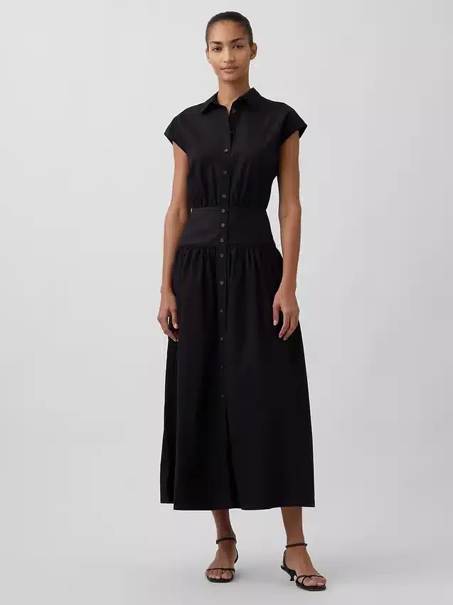 Vestido camisero largo de popelín con cintura baja