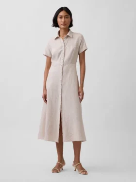 Vestido camisero midi de mezcla de lino