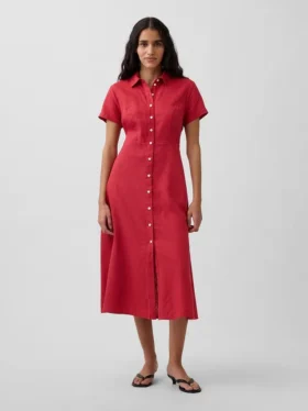Vestido camisero midi de mezcla de lino