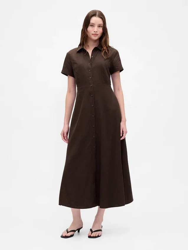 Vestido camisero midi de mezcla de lino