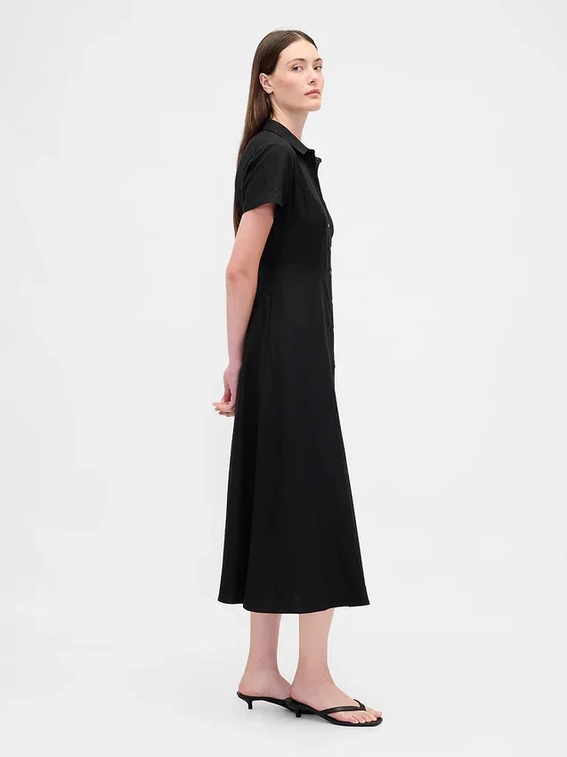 Vestido camisero midi de mezcla de lino
