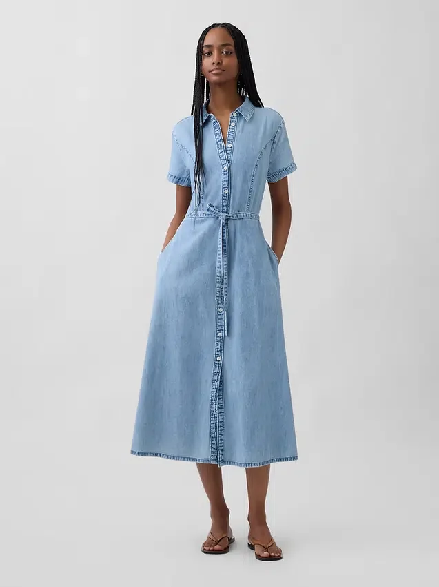Vestido camisero midi de mezclilla con cinturón para atar