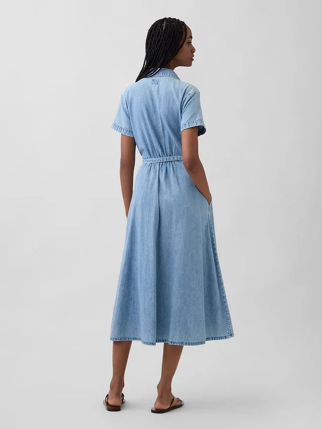 Vestido camisero midi de mezclilla con cinturón para atar