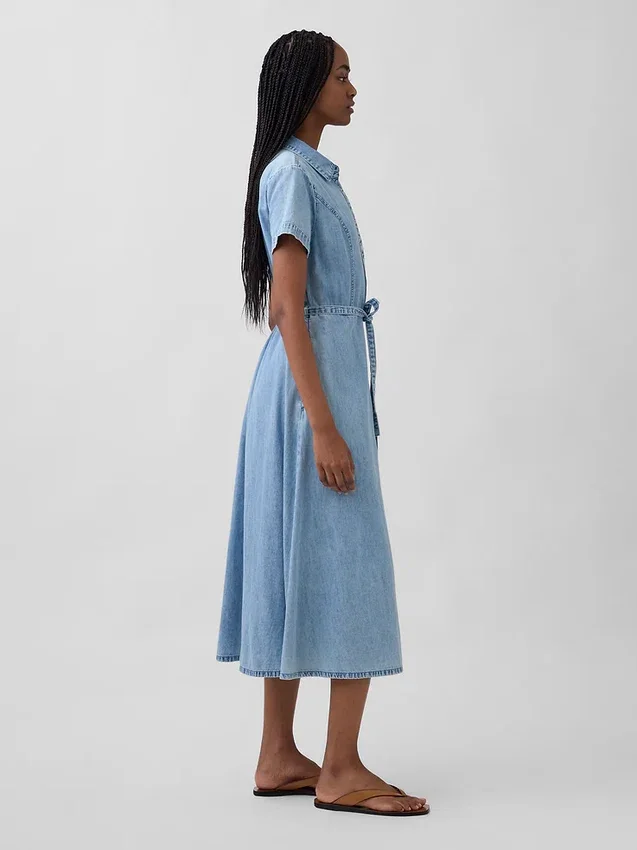Vestido camisero midi de mezclilla con cinturón para atar
