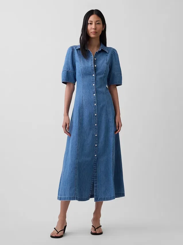 Vestido camisero midi de mezclilla con mangas abullonadas