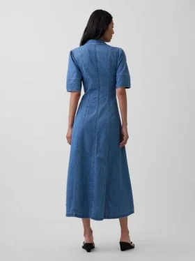 Vestido camisero midi de mezclilla con mangas abullonadas