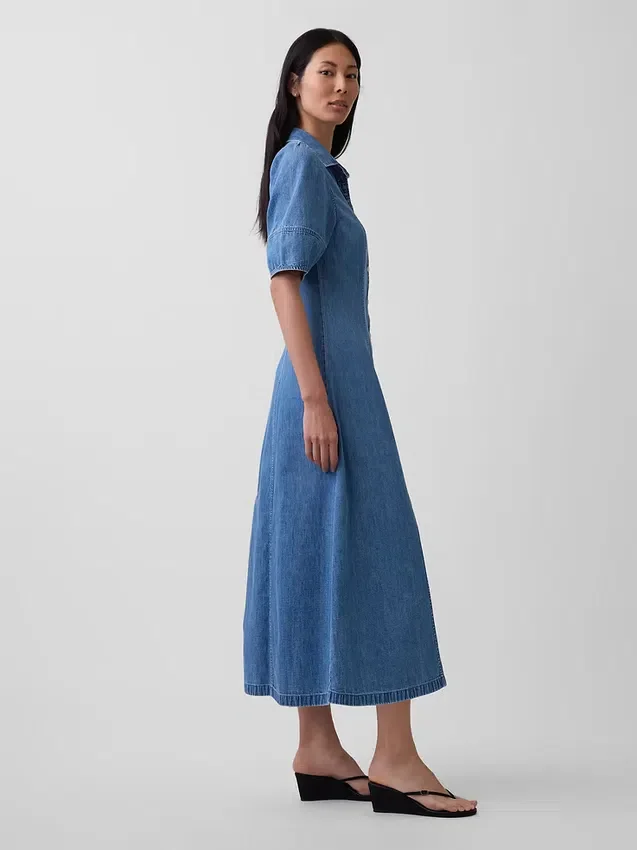Vestido camisero midi de mezclilla con mangas abullonadas