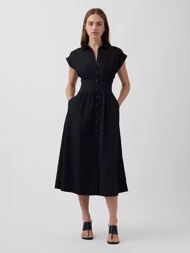 Vestido camisero midi de popelín con cintura ceñida
