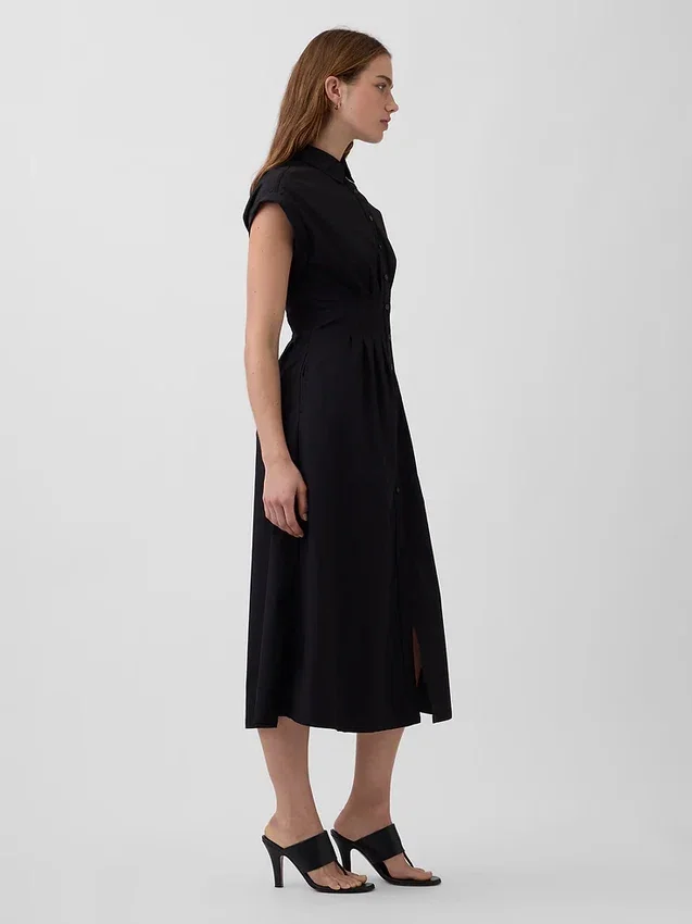 Vestido camisero midi de popelín con cintura ceñida