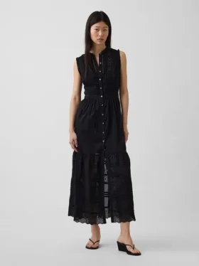 Vestido camisero midi en capas con ribete de encaje