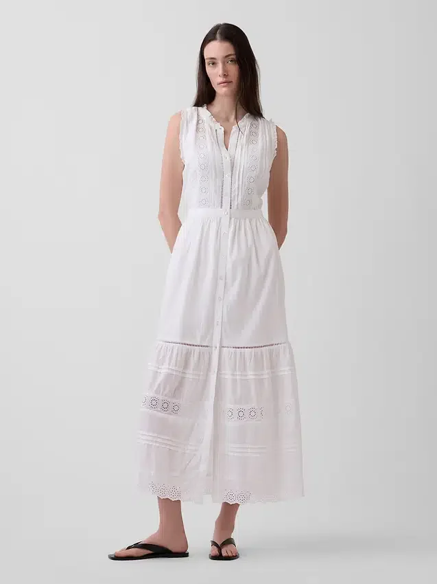 Vestido camisero midi en capas con ribete de encaje