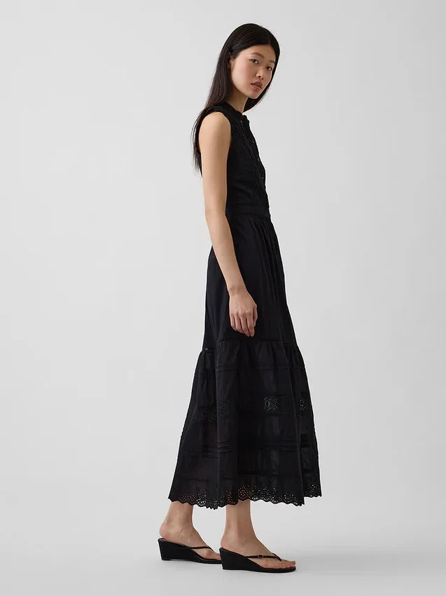 Vestido camisero midi en capas con ribete de encaje