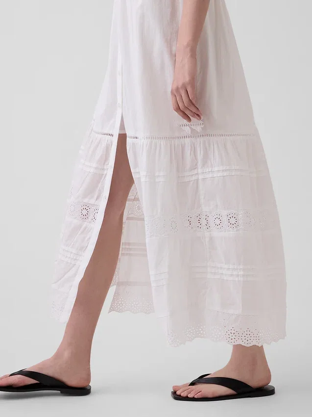 Vestido camisero midi en capas con ribete de encaje