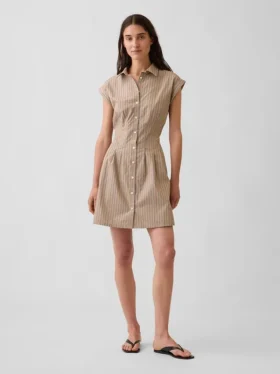 Vestido camisero mini ajustado a la cintura de popelín a rayas
