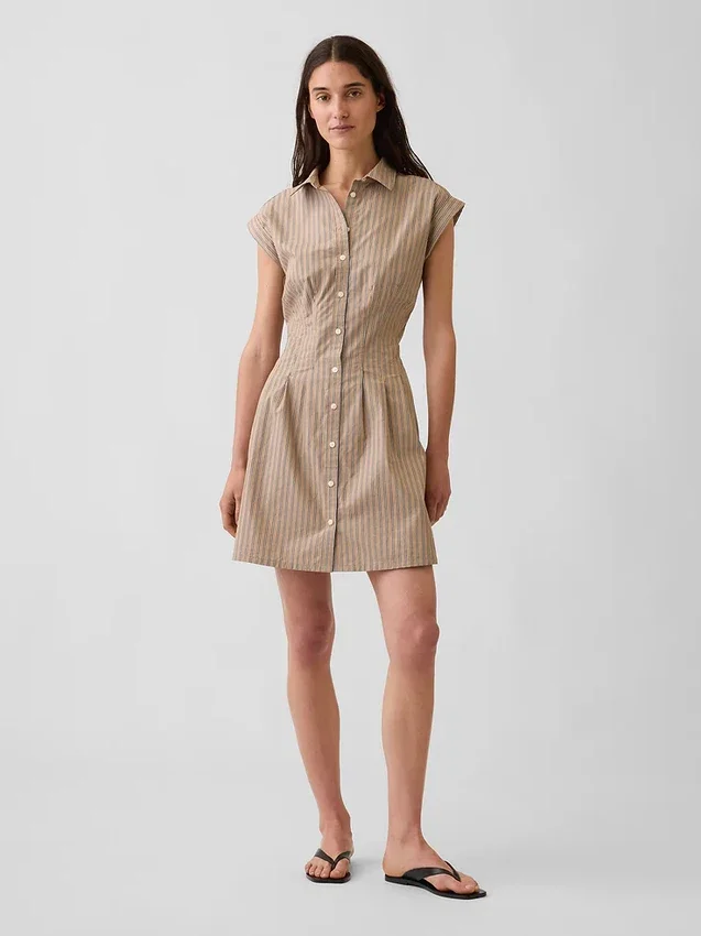 Vestido camisero mini ajustado a la cintura de popelín a rayas