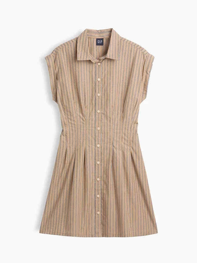 Vestido camisero mini ajustado a la cintura de popelín a rayas