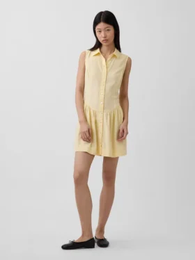 Vestido camisero mini de cintura baja en mezcla de lino