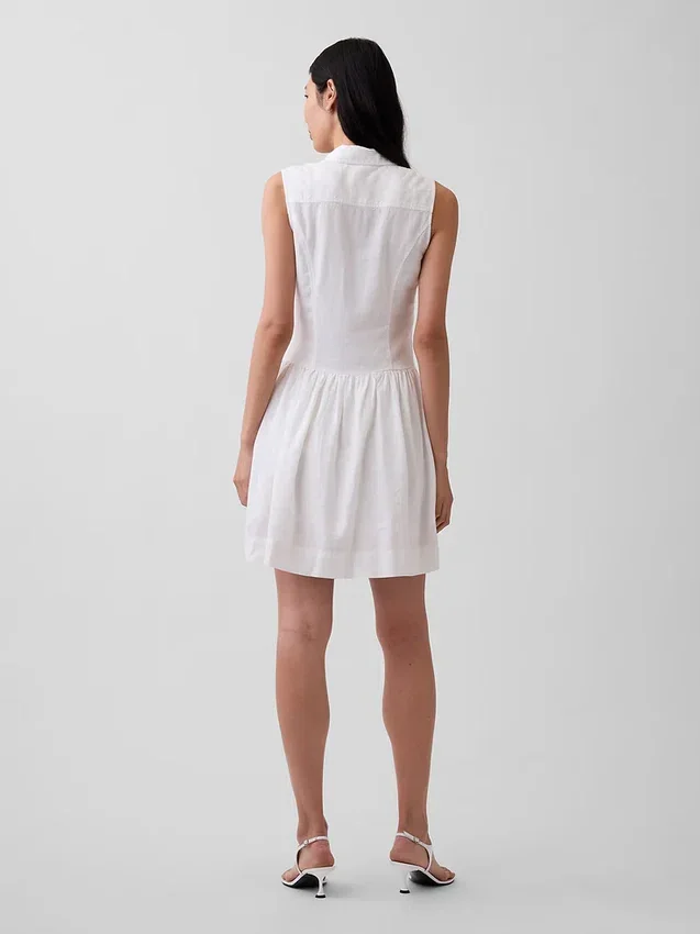 Vestido camisero mini de cintura baja en mezcla de lino