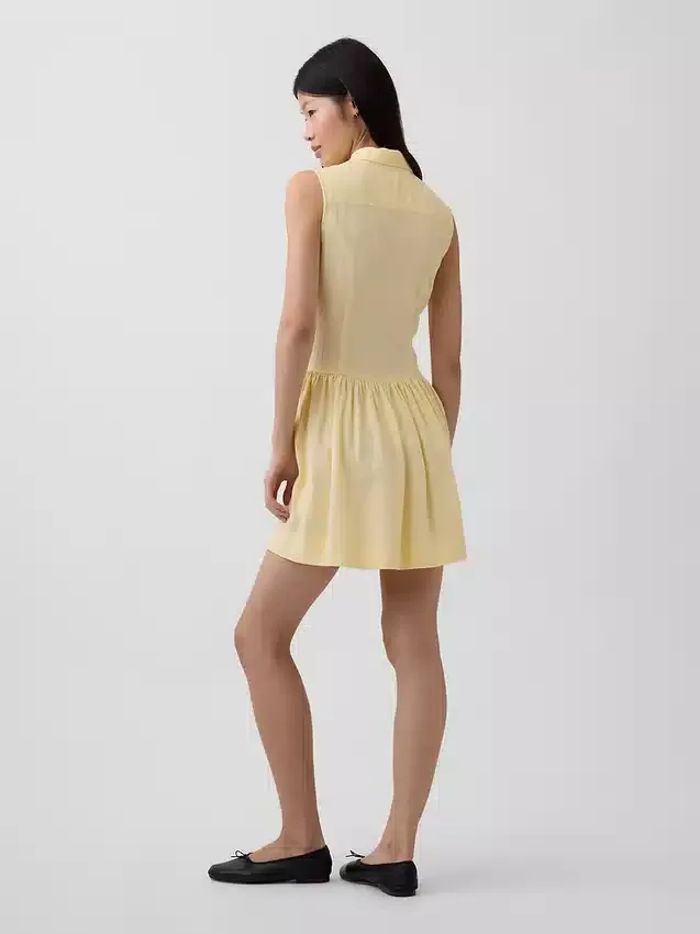 Vestido camisero mini de cintura baja en mezcla de lino
