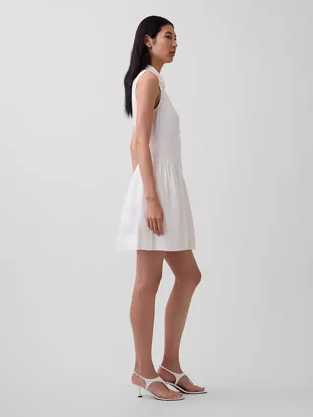 Vestido camisero mini de cintura baja en mezcla de lino