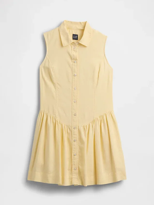 Vestido camisero mini de cintura baja en mezcla de lino