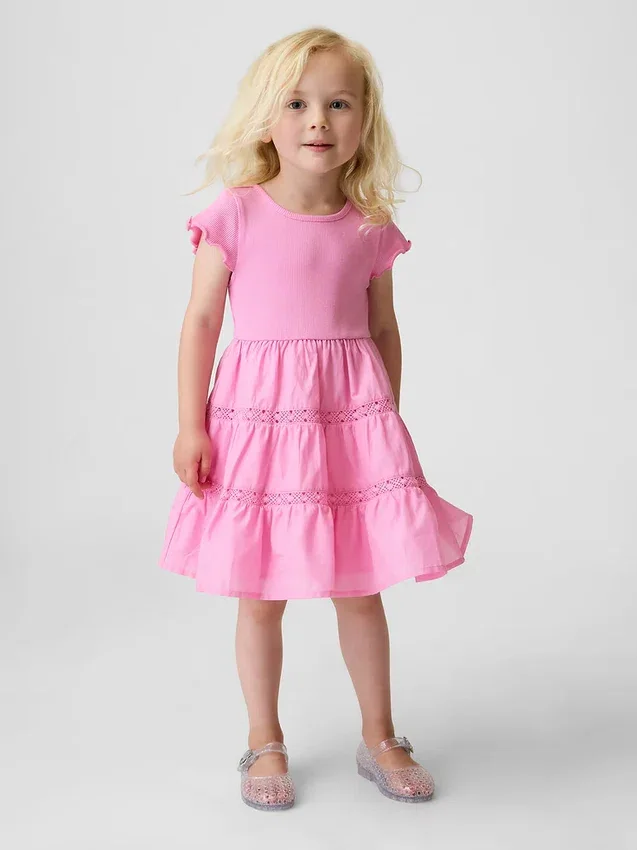 Vestido con volantes y ribete de encaje para bebés y niños pequeños