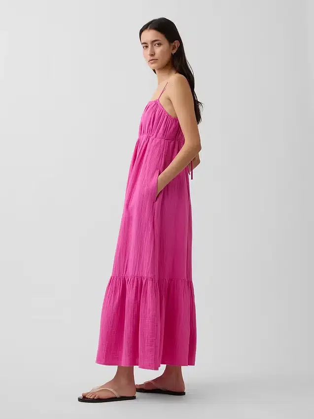 Vestido de gasa de algodón con corte imperio y volantes