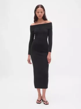 Vestido de jerséu midi elástico con hombros descubiertos de CashSoft