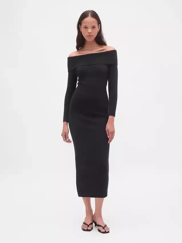 Vestido de jerséu midi elástico con hombros descubiertos de CashSoft