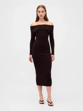 Vestido de jerséu midi elástico con hombros descubiertos de CashSoft