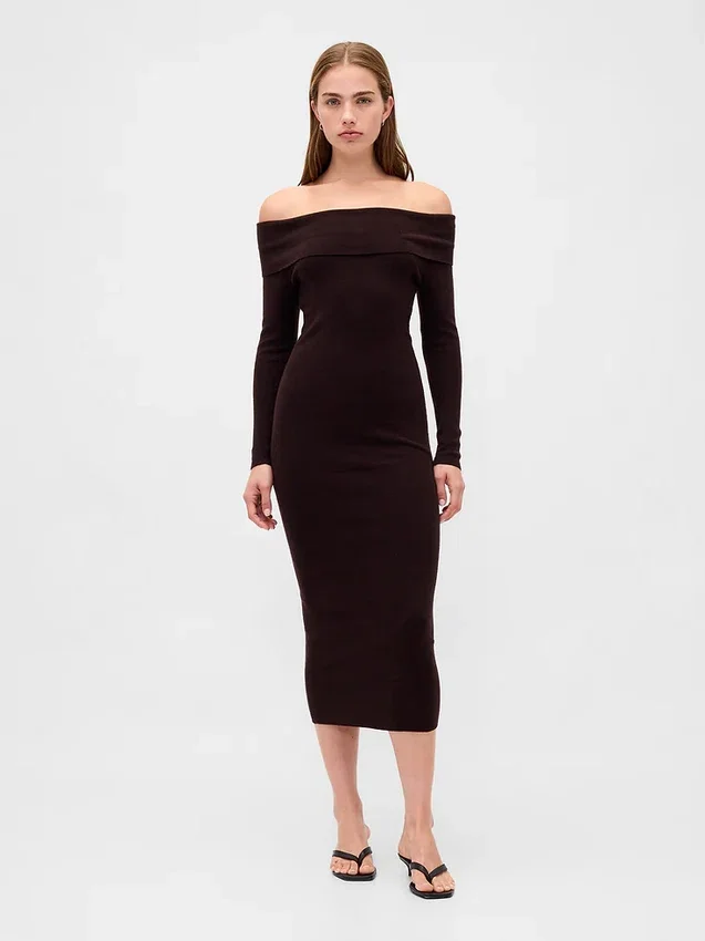 Vestido de jerséu midi elástico con hombros descubiertos de CashSoft