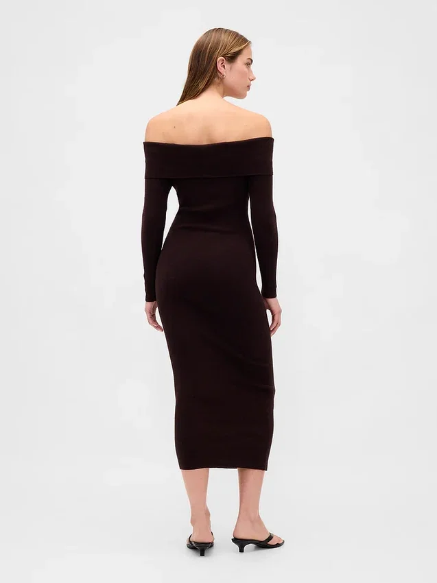 Vestido de jerséu midi elástico con hombros descubiertos de CashSoft