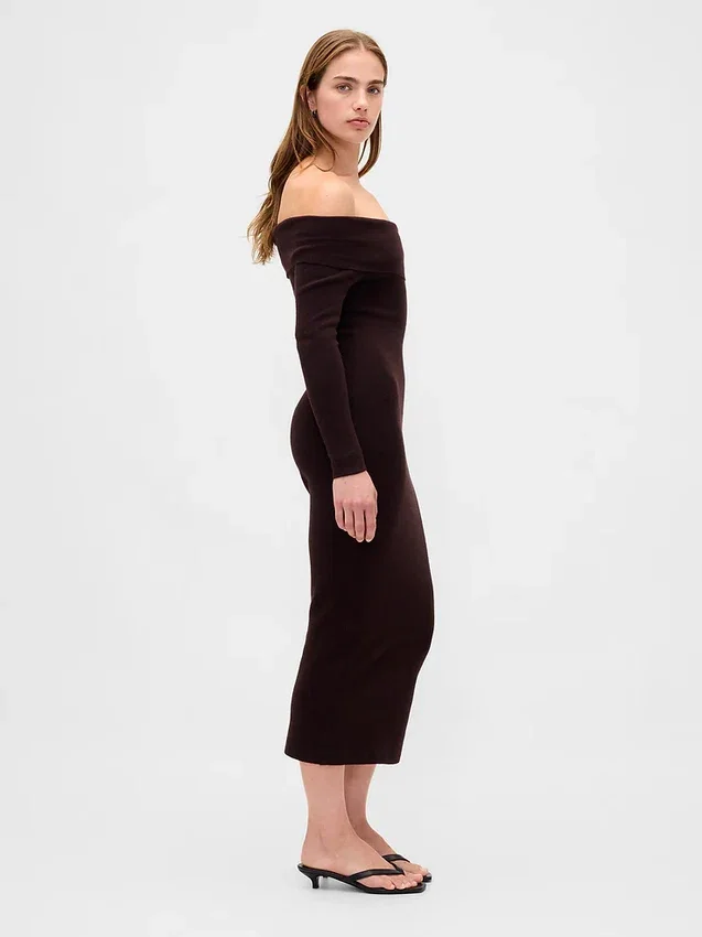 Vestido de jerséu midi elástico con hombros descubiertos de CashSoft