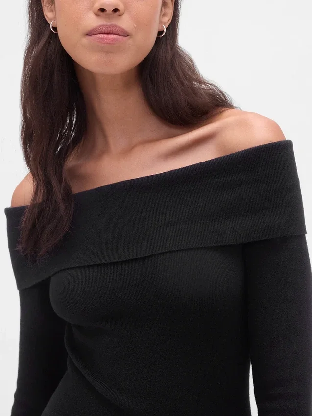 Vestido de jerséu midi elástico con hombros descubiertos de CashSoft