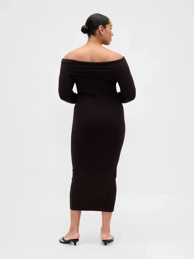 Vestido de jerséu midi elástico con hombros descubiertos de CashSoft