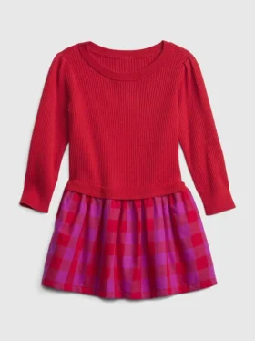 Vestido de mezcla de materiales con jerséu acanalado para niños pequeños