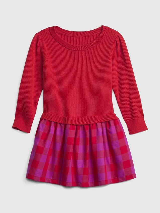 Vestido de mezcla de materiales con jerséu acanalado para niños pequeños