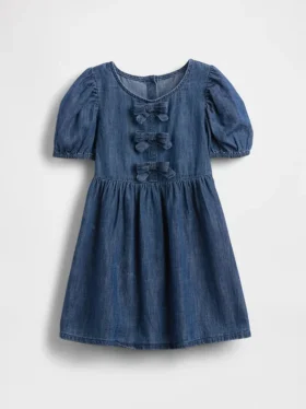 Vestido de mezclilla con mangas abullonadas y moño para Bebé y Niño