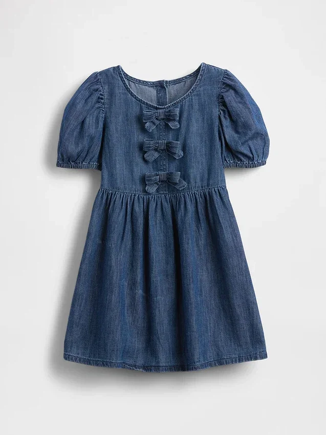 Vestido de mezclilla con mangas abullonadas y moño para Bebé y Niño