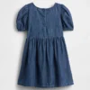 Vestido de mezclilla con mangas abullonadas y moño para Bebé y Niño