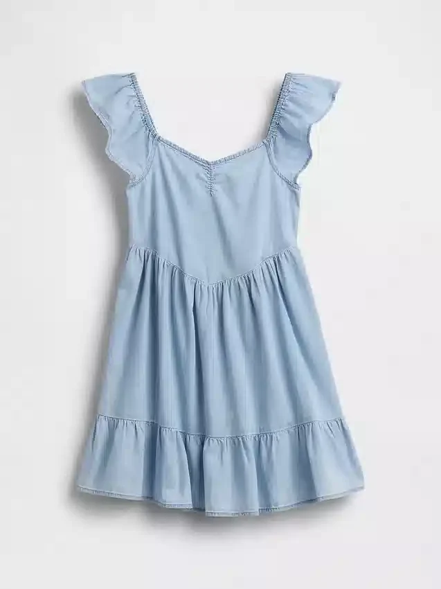 Vestido de mezclilla con mangas ondeantes y escote de corazón
