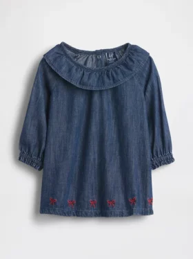 Vestido de mezclilla para bebé con cuello de volantes